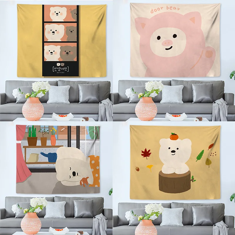 

Cute Cartoon Room Decoration Tapestry Bear Print Polyester Wall Blanket Background Cloth Home Bedroom Wall Cloth Decorations
