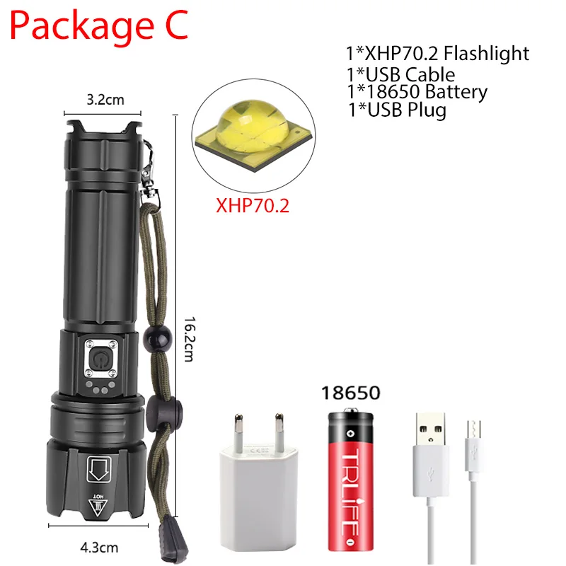 C-XHP70.2 XHP70.2 светодиодный фонарик ультра яркий XHP50 водонепроницаемый фонарь USB Перезаряжаемый фонарь с зумом для кемпинга рыбалки с 18650 - Испускаемый цвет: C-XHP70.2