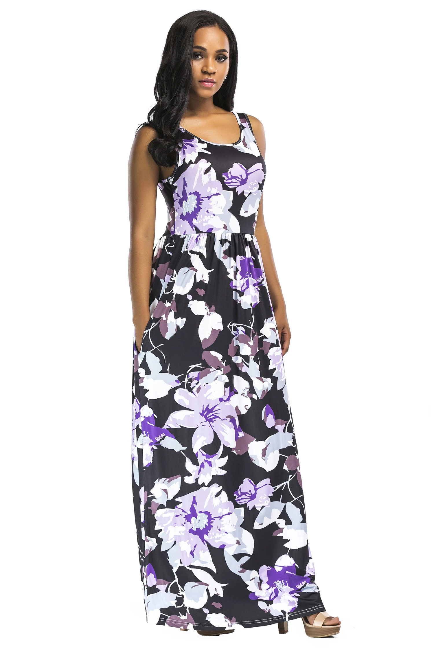 2019 летнее платье Для женщин с О образным вырезом без рукавов цветком принтом