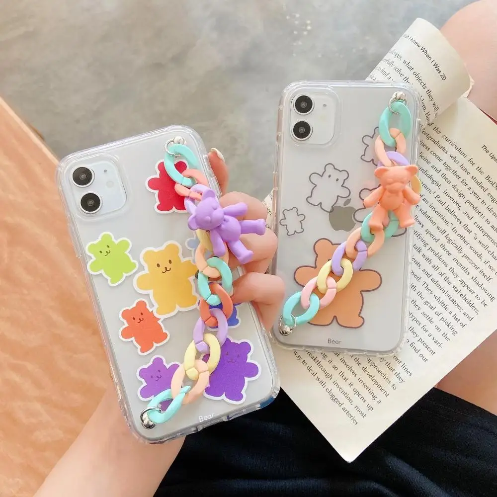 

Cute 3D Candy Colors Bear Bracelet Phone Case for iphone 12 11 11pro max X XS Max XR 8 7 plus 11Pro Max Se 2020 Soft clear Cover