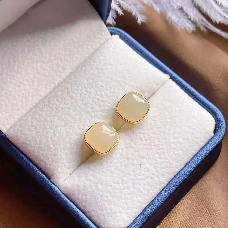 

New silver inlaid natural Hotan white Chalcedony Square Earrings Chinese style retro minority design charm women's brand jewelry