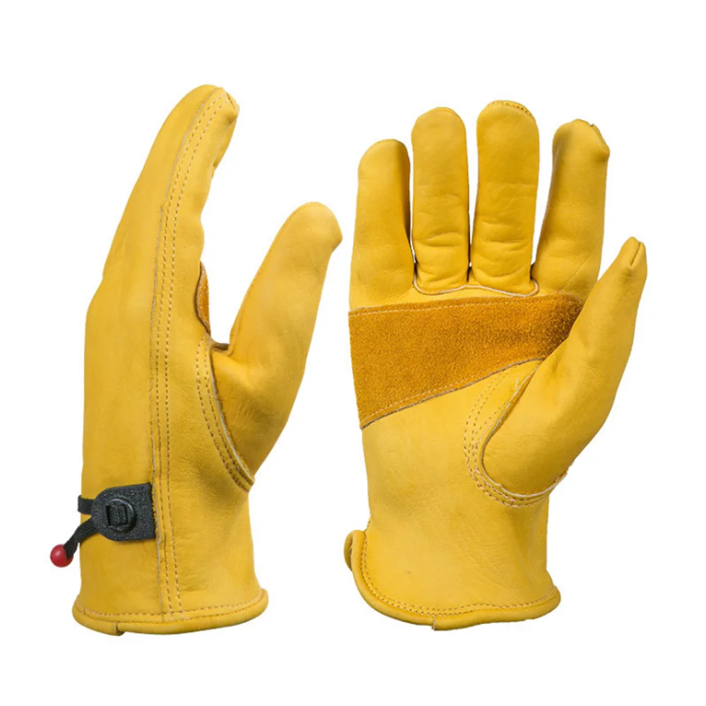 [AETRENDS] Flex Grip Leather Work Gloves Stretchable Wrist Tough Cowhide Working Gloves(Gold, S, M, L, XL) O-0047