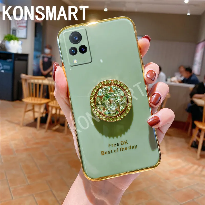 

KONSMART For VIVO V21 Case V21e Silicone Soft Phone Case For Vivo V21 5G Plating Back Cover With Rhinestone Holder