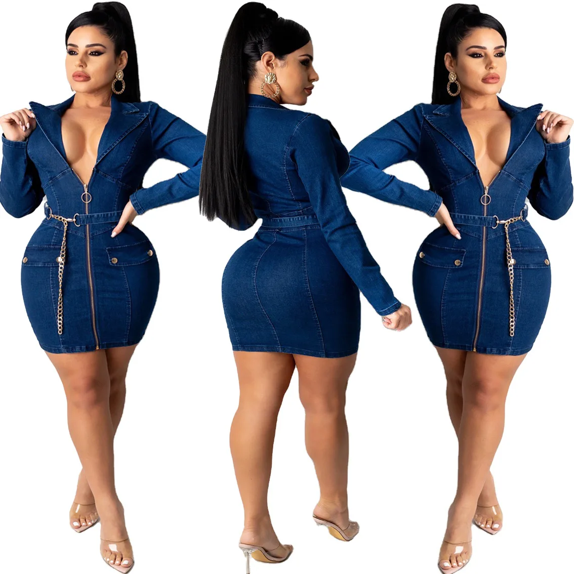 

Sexy Deep V-Neck Long Sleeve Blue Denim Dress Women Spring Fashion Slim Zipper Bodycon Jeans Dress Woman Party Club Mini Dresses