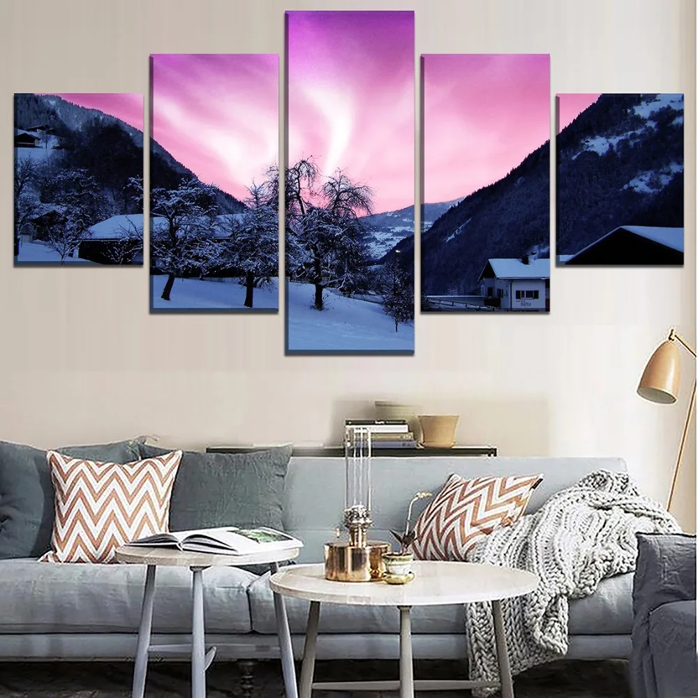 Modern Home Decorative 5 Pieces Aurora Borealis Poster Top-Rated Canvas Printed Wall Art Landscape Pictures Modular Framework | Дом и сад