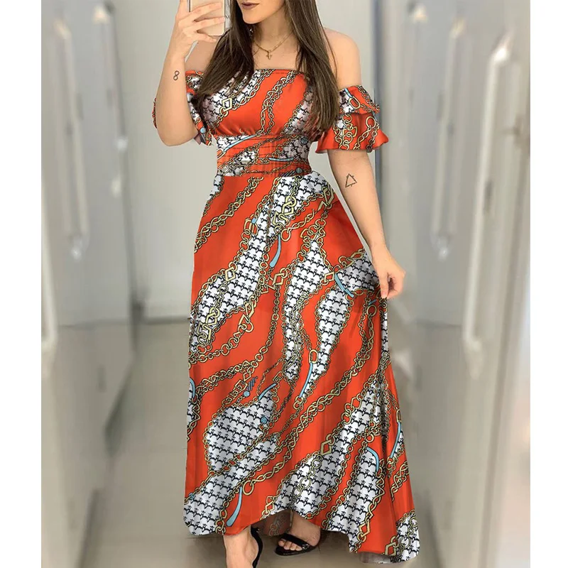

New Summer Style One-shoulder Printed Dress Women Plus Size 4XL Chain Print Off Shoulder Short Sleeves Big Hem Women Long Dress