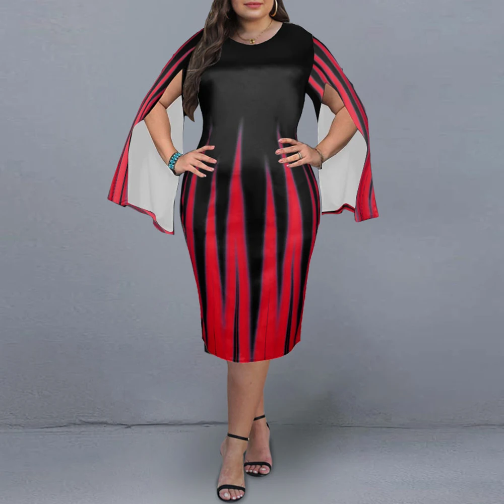 

Elegant Stripe print Plus Size Dress for new year 2022 Spring Split Long Sleeve Midi Sress Women O-Neck Evening Party Dress 5XL