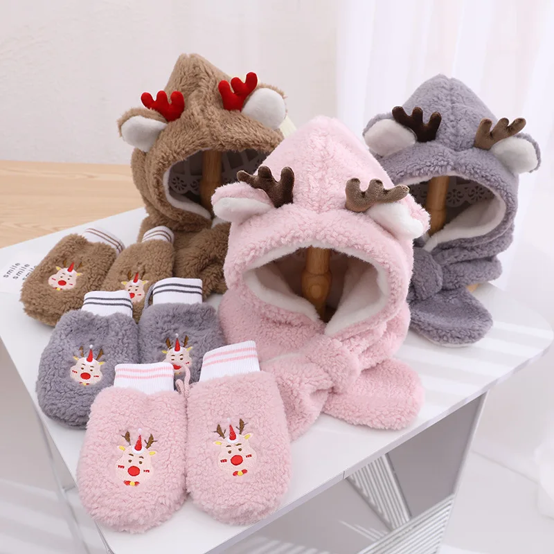 

Детский Зимний милый теплый шарф перчатки оленьи рогатки детская шапка детская цельная шапка шарф перчатки с принтом оленя аксессуары для ...