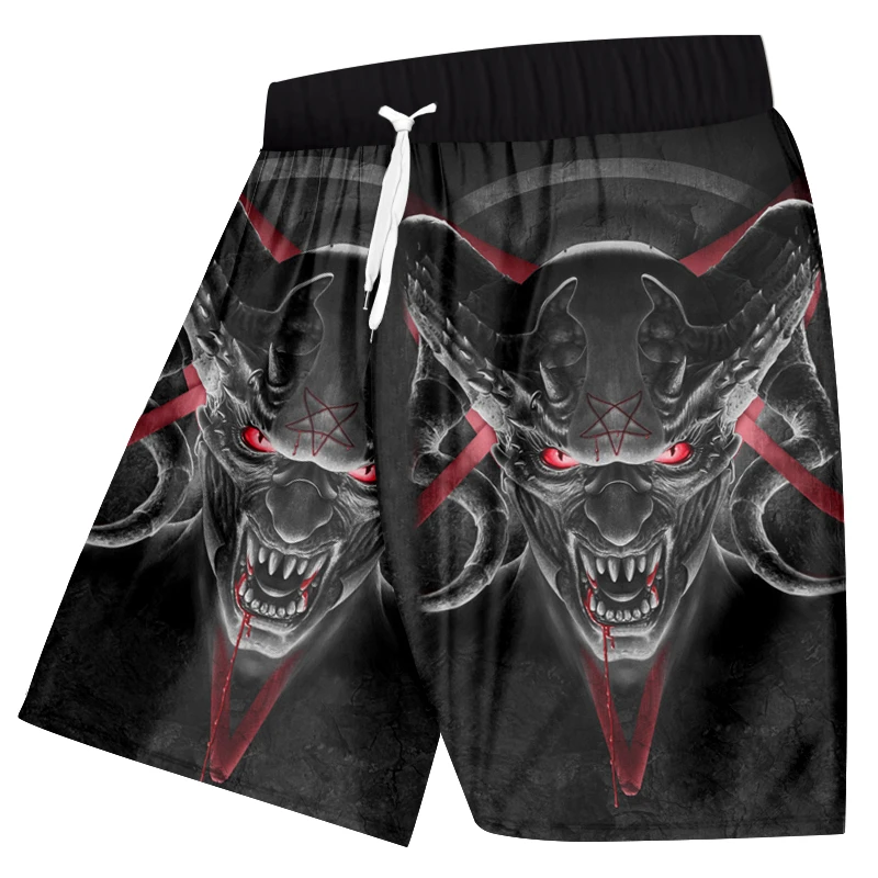 

UJWI Men's 3D Print Red Eyes Horn Skull Casual Shorts Summer Cool Beach Boradshorts Man Hip Hop Workout Short Tourser Joggers