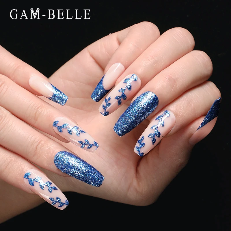 

GAM-BELLE 24 шт. Синие Блестящие поддельные ногти французские длинные балерины полное покрытие Искусственный пресс на Маникюр для кончиков ногт...