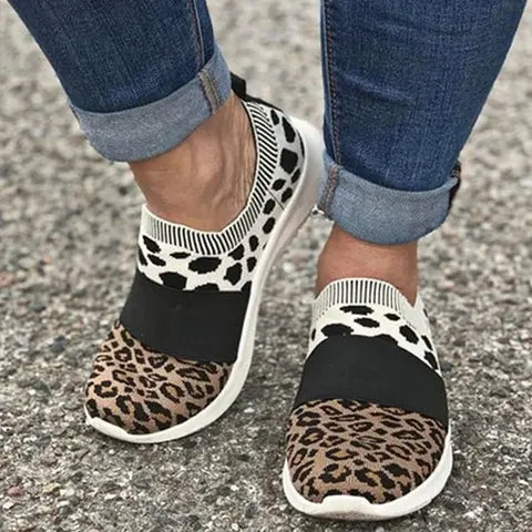 

2020 autumn PU Casual Shoes Women Flats Loafers Shoes Leopard Print elastic Casual Shoes Comfortable Lightweight Flats