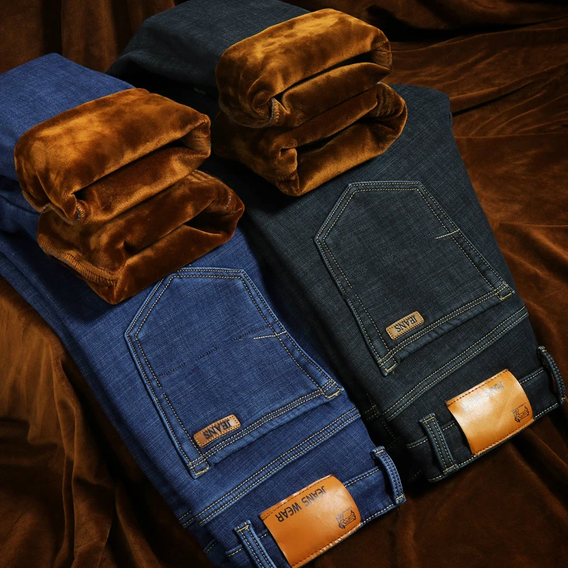 Мужские утепленные джинсы с флисовой подкладкой синие и черные прямые