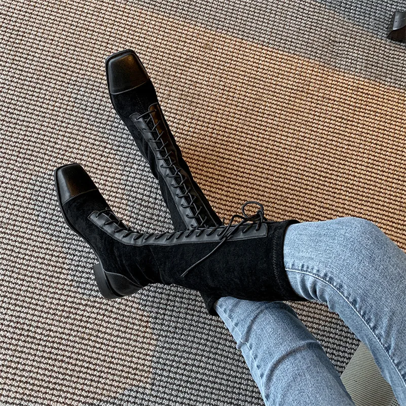 

Meotina Real Leather Mid Heel Knee-High Boots Motorcycle Boots Women Shoes Square Toe Block Heels Lace Up Long Boots Lady Black