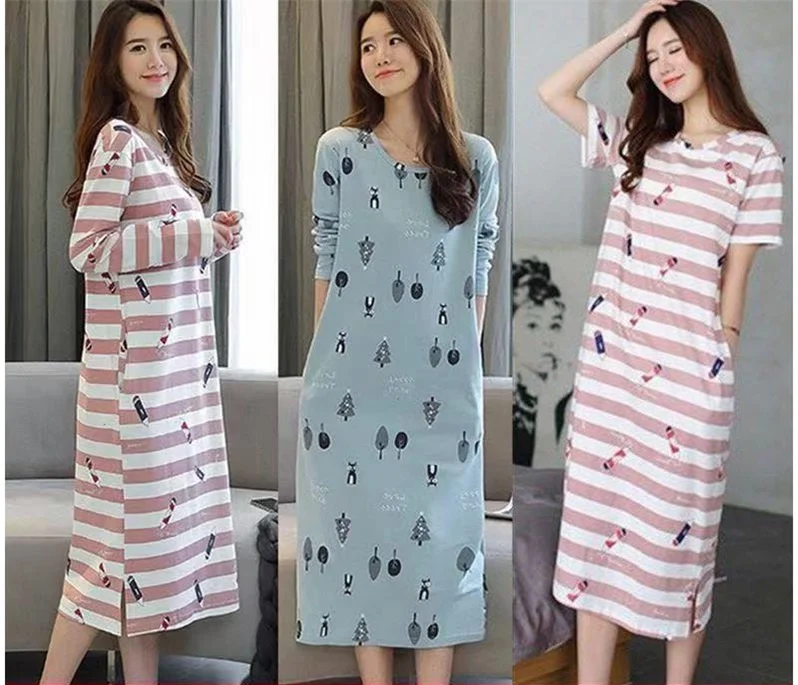 2019 Плюс Размер Хлопковая ночная рубашка женская с принтом весна осень ночные