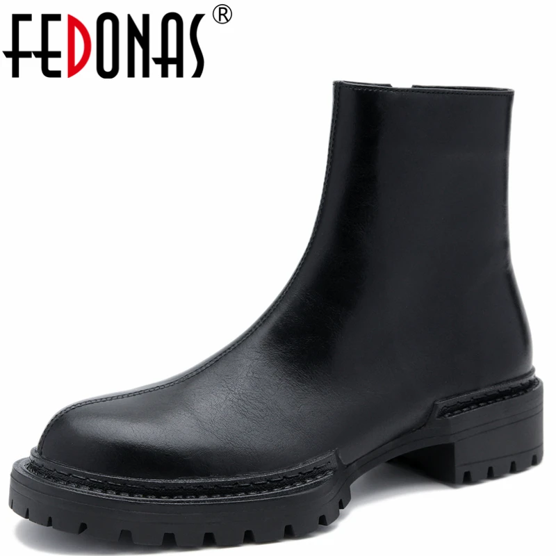 

FEDONAS Concise Retro Classic Women Ankle Boots Genuine Leather Thick Heels Working Casual Shoes Woman Autumn Winter New Arrival