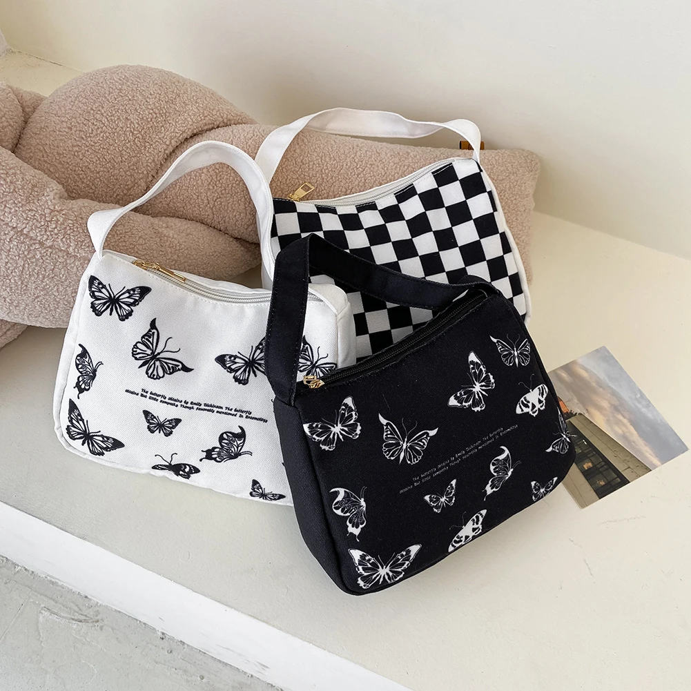 

Fashion Women Chessboard Outdoor Armpit Bags Female Butterfly Printing Shoulder Bags Canvas Zipper Underarm Bag