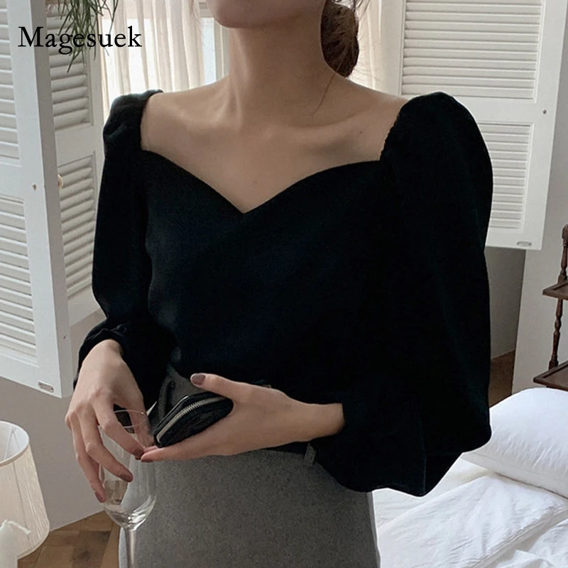 New Korean Style Vintage Blouse Women Petal Collar Long Sleeve Black Shirt Sexy Clavicle Ladies Elegant Tops Blusas Mujer 13101