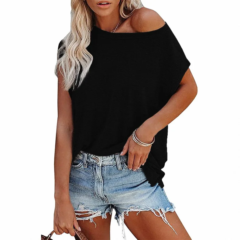

Women Off-Shoulder T-Shirt Ladies Solid Color Summer Short Sleeve O-neck Women Casual Tees Loose Tops