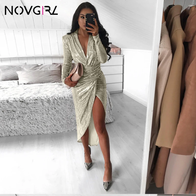 Novgirl глубокий v образный вырез присборенное облегающее вечерние платье Для
