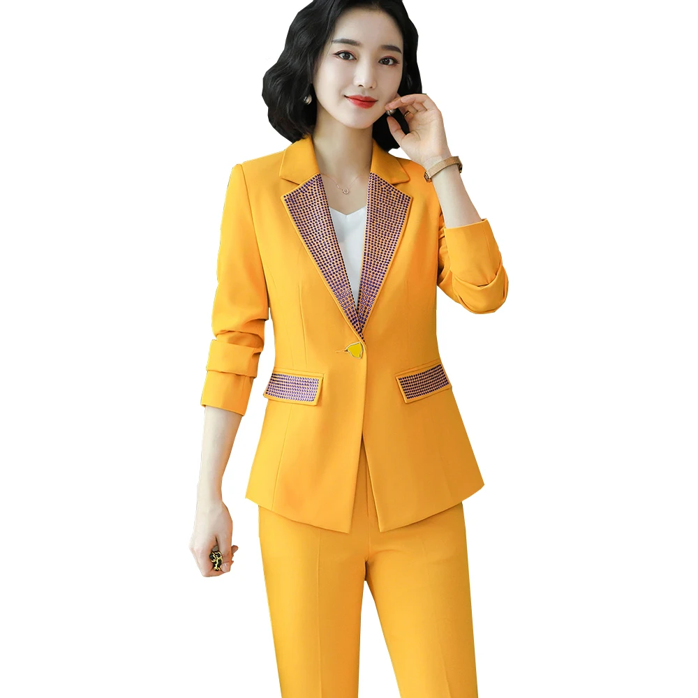 

Fashion White Black Yellow Ladies Pant Suit Blazer 2 Piece Set Women Slim Single Button Jacket And Trouser For Work Career Wear