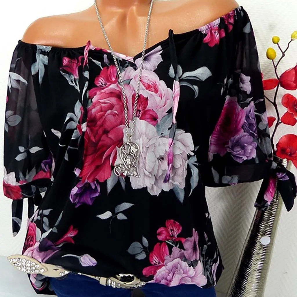 Женская блузка большого размера с коротким рукавом и принтом пуловер открытыми