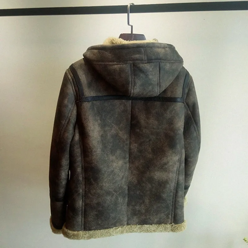 Мужская зимняя куртка из овчины с капюшоном и мехом ягненка|Мужские кожаные