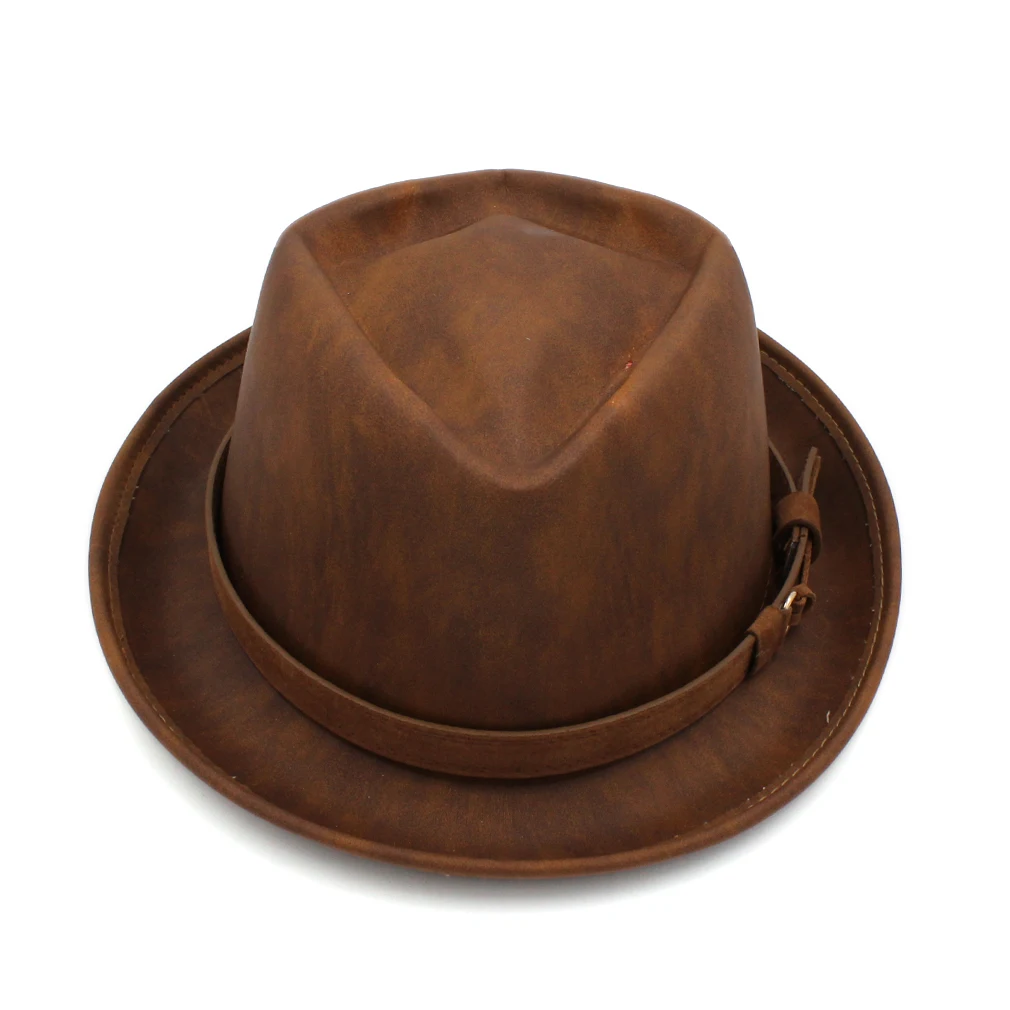 Mistdawn унисекс Porkpie свиной пирог Кепка коричневая искусственная кожа Fedora джазовая шляпа Кепка Upturn Brim