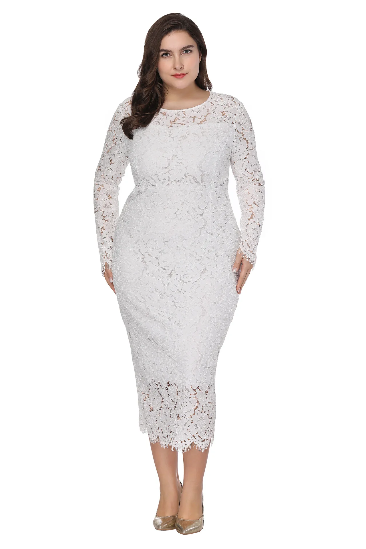 

modest lace bodycon formal dress Women crewneck long sleeve slim midi dress dresses for women 4xl 5xl 6xl