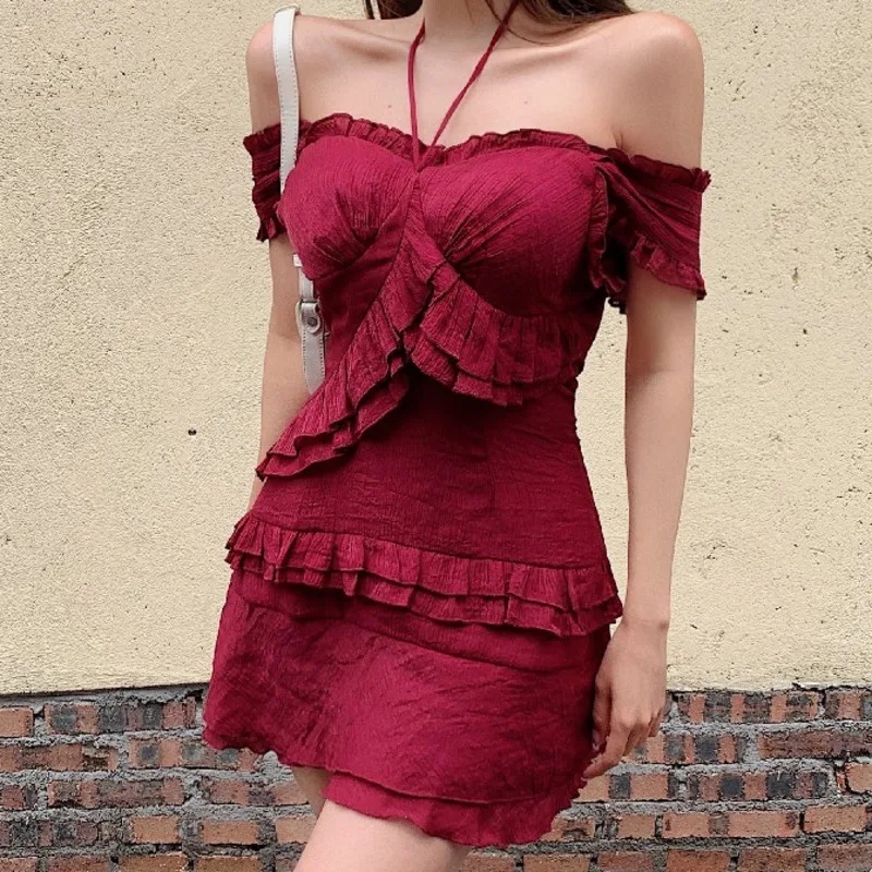 

Red Ruffle Women Sexy Off Shoulder Mini Dress 2021 Summer Fashion Spaghetti Strap Dress High Quality Sukienki Damskie Vestidos