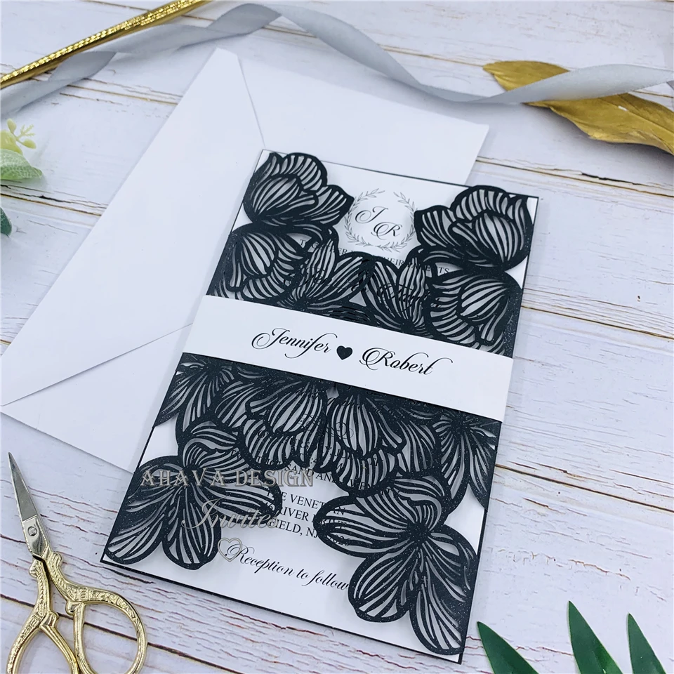 Изящная черная блестящая лазерная резка для свадьбы Приглашение с