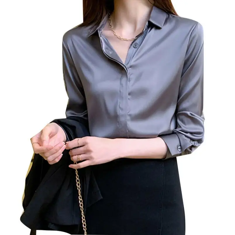 

MAGOGO Spring Women Temperament Satin Shirt Women's Long-Sleeved Loose Solid Color Blouse New Style Elegant Imitation Silk