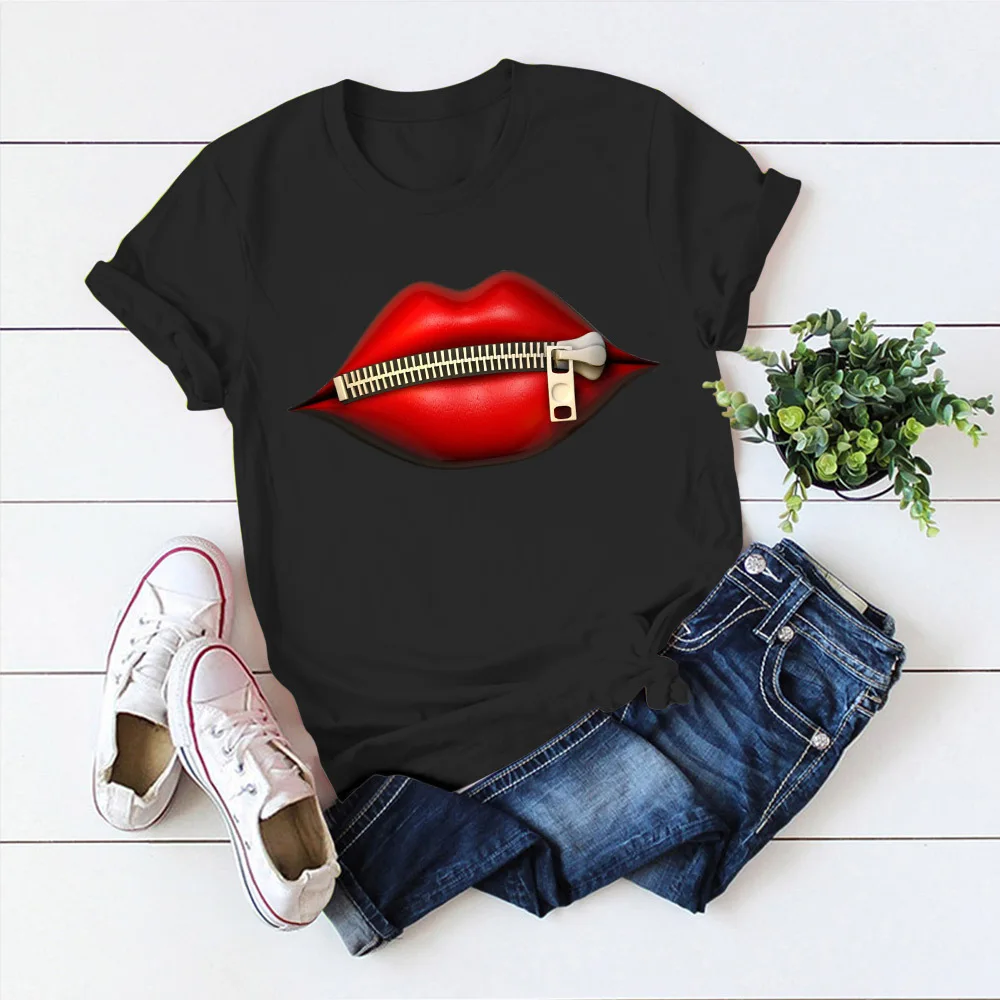 

2021 Fashion Women's T-Shirt Casual Sequins Red Lip Short Sleeve T Shirts Vintage Creativity zipper Lips T-Shirt drop ship Tees