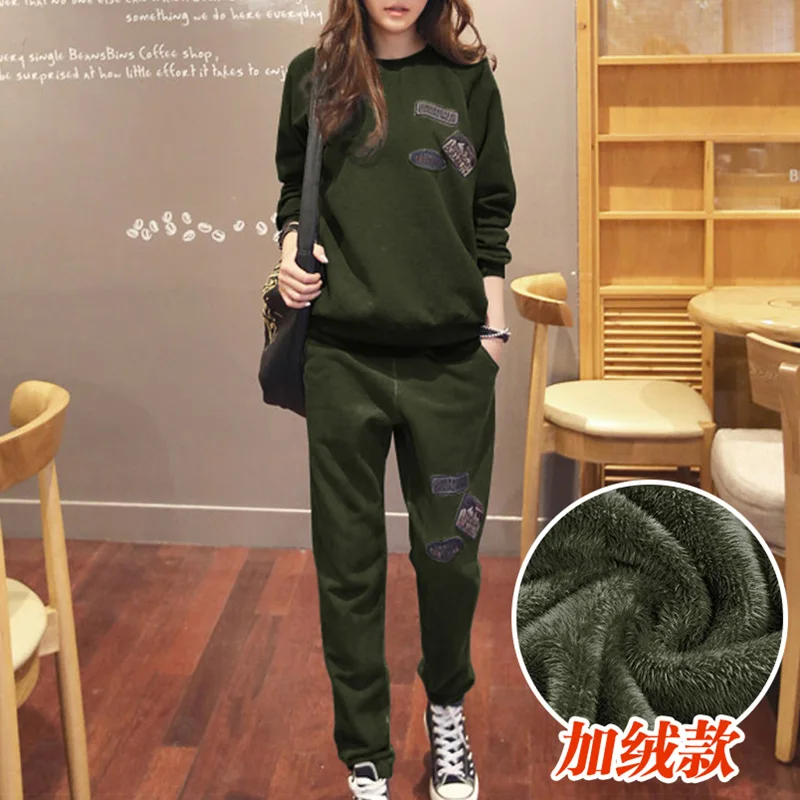 Army Green Winter S-6XL, женская спортивная одежда, спортивные костюмы, весна, осень, зима, повседневные, плюс бархат, Толстая Толстовка+ штаны, комплекты для женщин размера плюс - Цвет: Army Green Winter