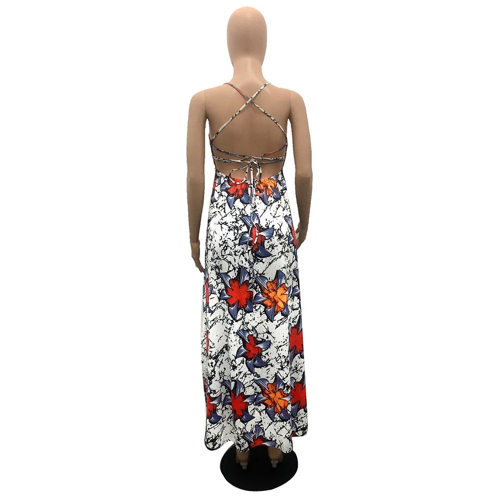 

Spaghetti Straps Dress Red Print Maxi Dresses For Women Fashion Club Summer Party Sleeveless Slit Empire New Sexy Dress