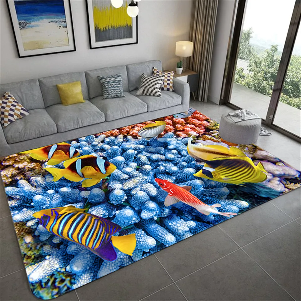 

3D Sea Fish Carpet Blue Children's Bedroom Rug Soft Coffee Table Mat For Living Room Anti-slip Carpet Bathroom Kitchen Mat