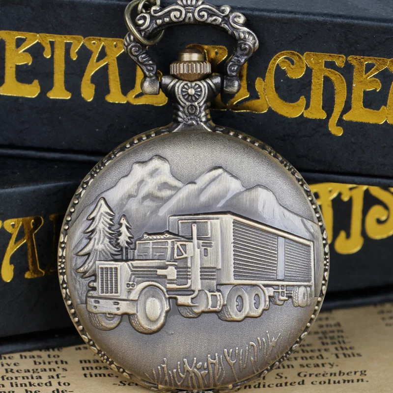 Large Truck Carved Exquisite Clamshell Quartz Pocket Watch Bronze Color With Chain Pendant Children Gifts