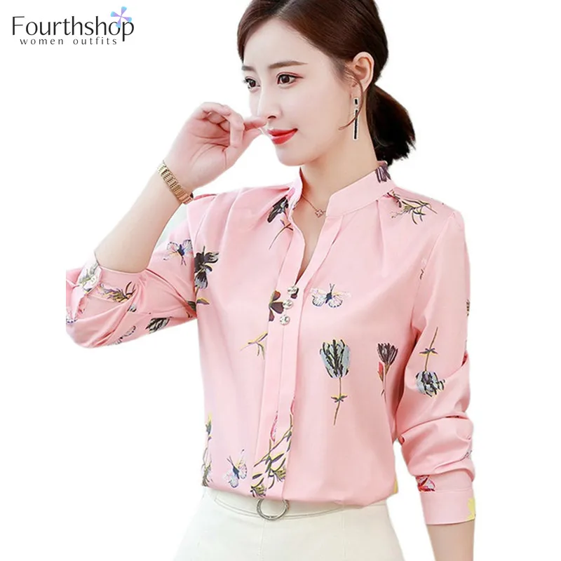 Женская блузка с цветочным принтом Повседневная офисная рубашка длинным рукавом