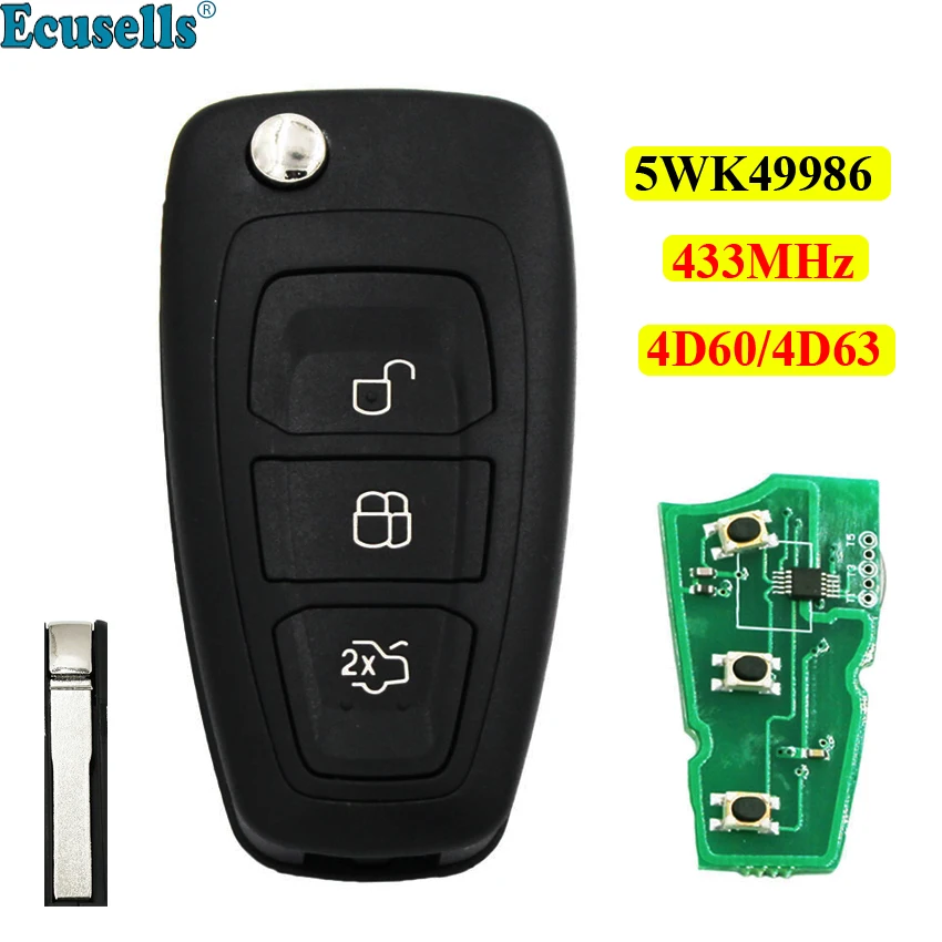 Откидной дистанционный ключ 3 кнопки для Ford Focus Mondeo C max 433 МГц с чипом 4D63 или 4D60 без