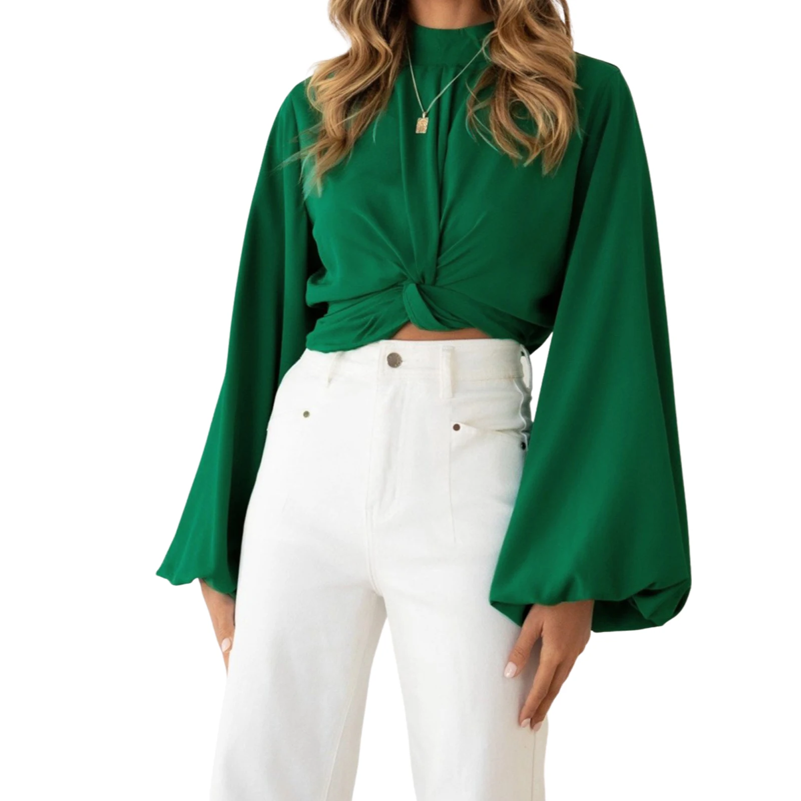 Female Blouse Solid Color Round Neck Long Sleeve Knotted Crop Tops For Ladies Green/Black/Apricot S/M/L/XL