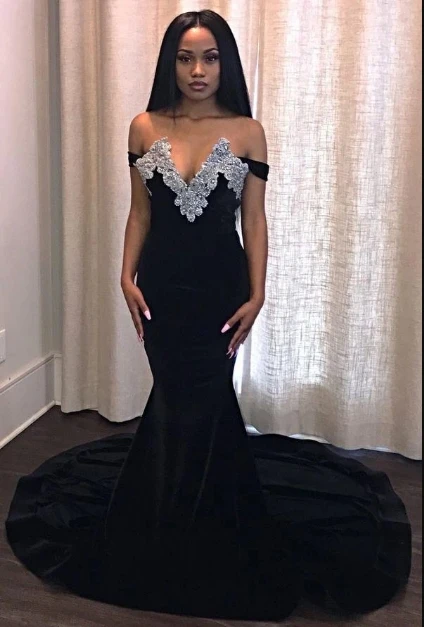 

Sparkling Black Chiffon Mermaid Off The Shoulder Backless Rhinestones Beading Backless Custom-Made Full-Length Vestido De Noiva
