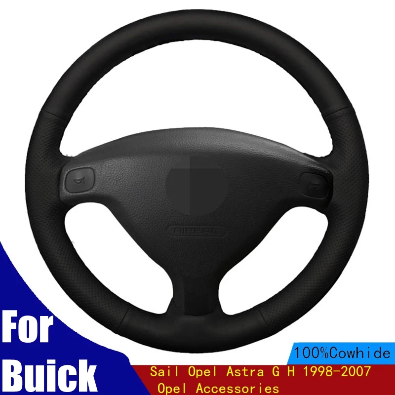 

Hand-stitched Car Steering Wheel Cover Soft Black Genuine Leather For Buick Sail Opel Astra G H 1998-2007 Opel Accessories