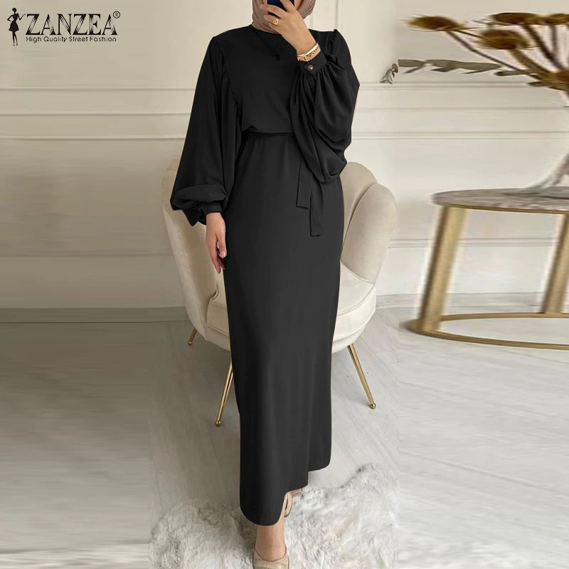 Платье ZANZEA женское вечернее с длинным рукавом, Элегантное повседневное элегантное однотонное Макси-платье в мусульманском стиле на шнуров...