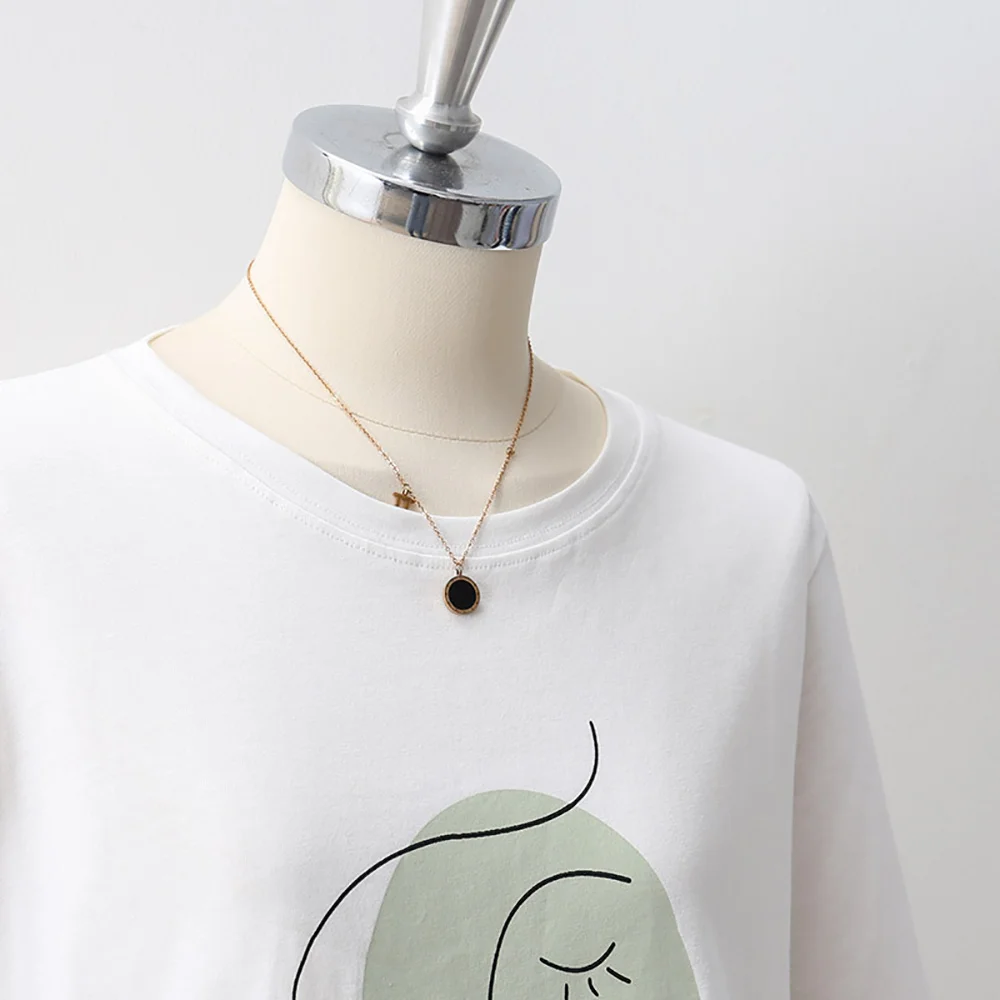 

Fashion Casual Hand Painted Print White Blue Cotton T Shirt Woman Loose Baggy Short Sleeve O-Neck Tops Summer Clothes For Women