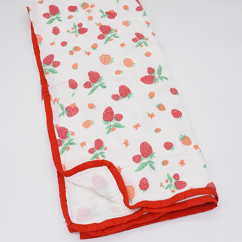 Strawberry 120x120 см Пеленальное Одеяло для новорожденных, 4 слоя муслинового хлопка, детское одеяло с цветочным принтом, детское одеяло для фотосессии - Цвет: Strawberry