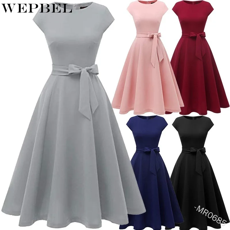 

WEPBEL Dress Women's Casual Bow Slim Pleated Dress Summer Fashion O-Neck High Waist Short Sleeve Lace-up Dress
