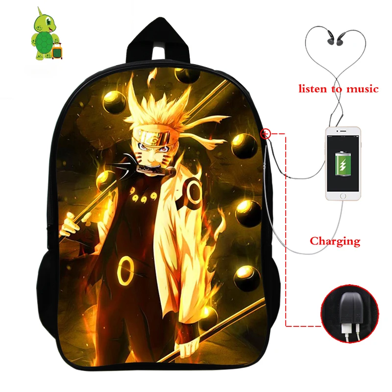 Рюкзак Naruto с USB-зарядкой для подростков школьные ранцы мальчиков и девочек сасуке