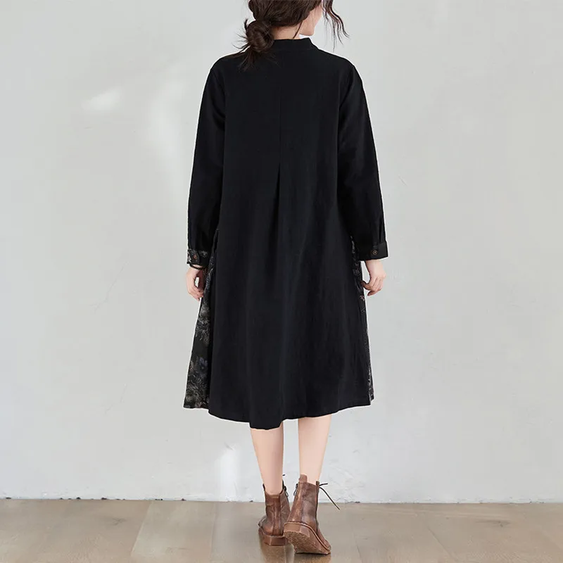 

Johnature New Casual Women Dresses 2021 Spring Qutumn Single-breasted Loose Print Patchwork Pockets Dress