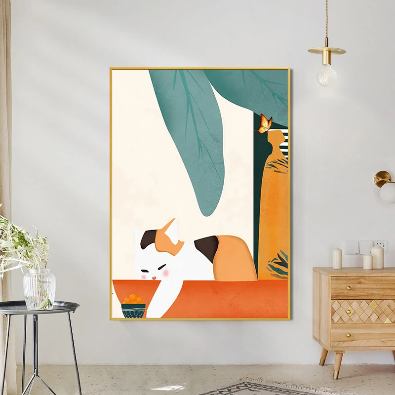 

Hand-Painted 3D Abstract Cat Orange Leaf Oil Painting on Canvas Wall Hang Art for Living Room Bedroom Home Hotel Decor No Framed