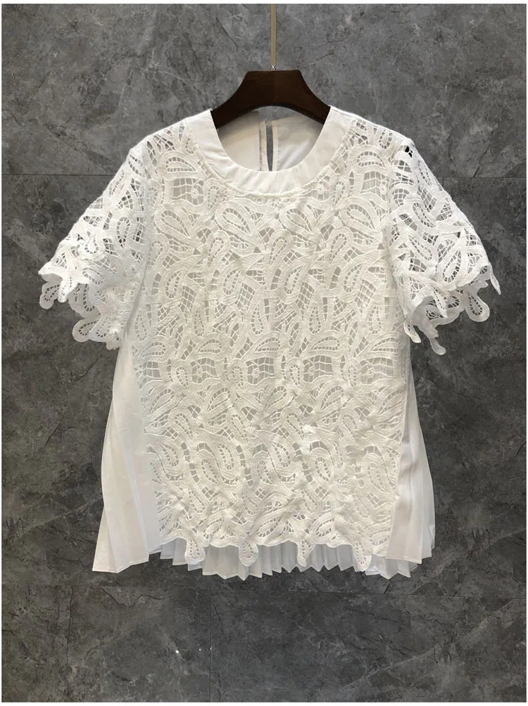 

European and American 2021 Summer New Women's Clothing Hollow out Water-Soluble Embroidery Patchwork Top Back Folding Loose