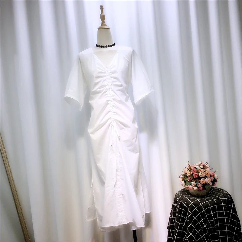 

2020 New Korea-style Design Summer Drawstring V-neck Puff Sleeve Short-sleeve Dress for Women Split Shirt Dress Loose Casual